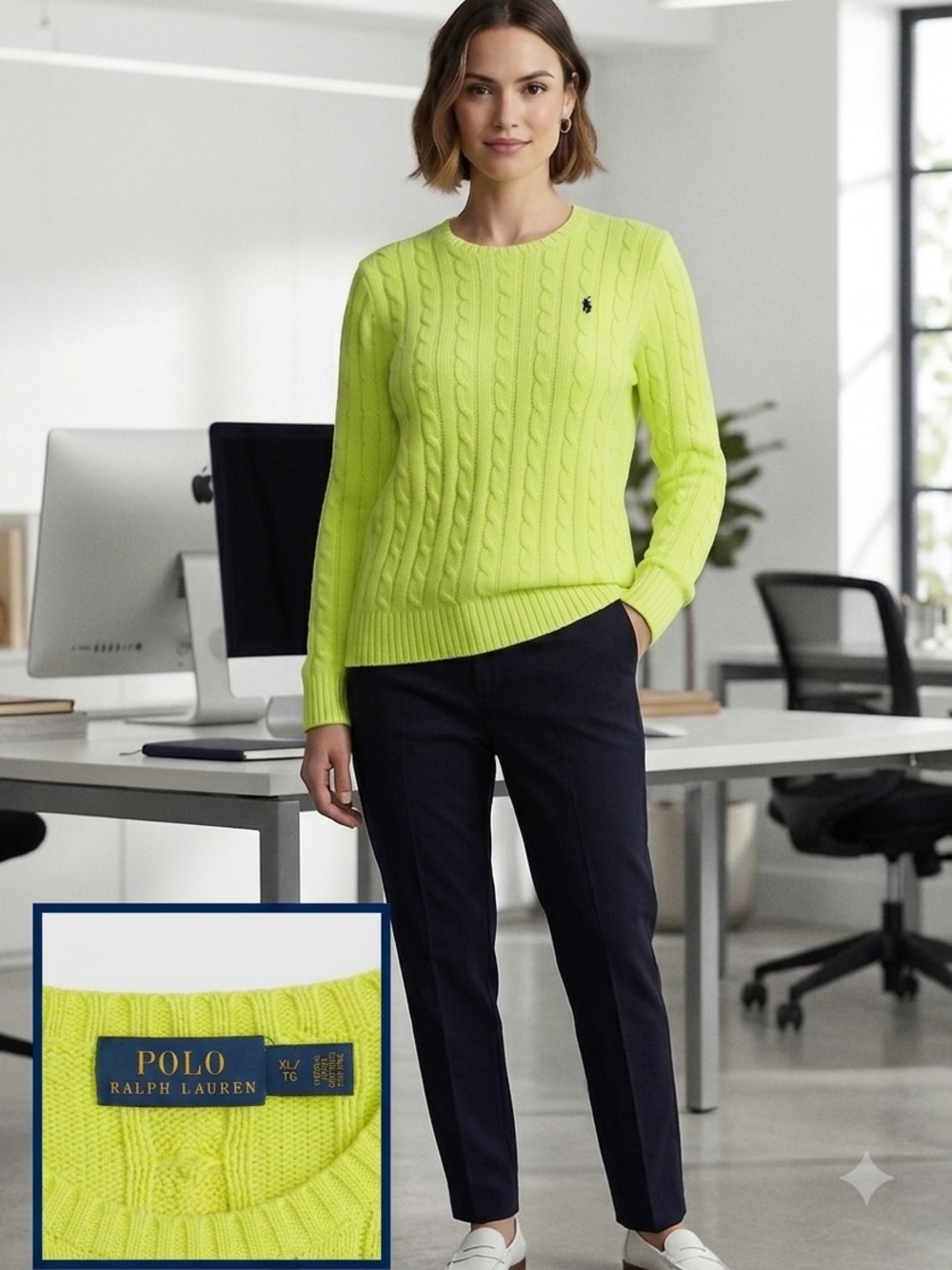 Polo Ralph Lauren Lime Cable-Knit Crewneck Cotton Sweater
